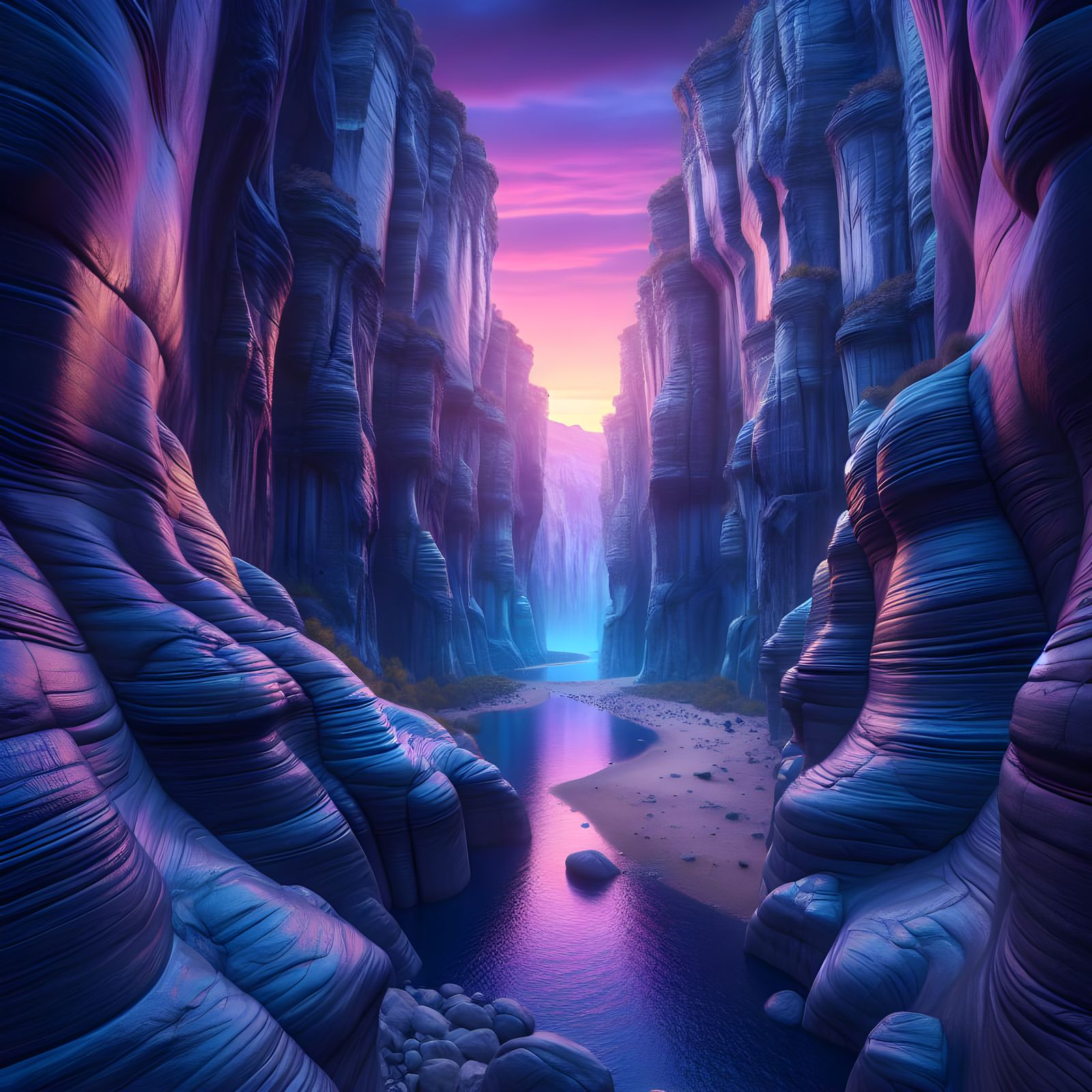 Breathtaking Twilight Canyon View with Serene Waterway