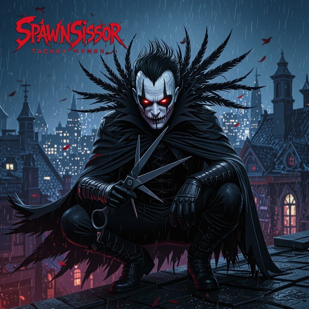 Gothic Scissor Figure on City Rooftops in Dark Fantasy Style