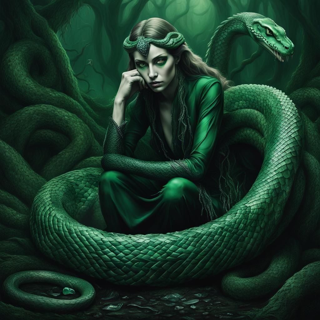 A thoughtful forest nymph with her snake