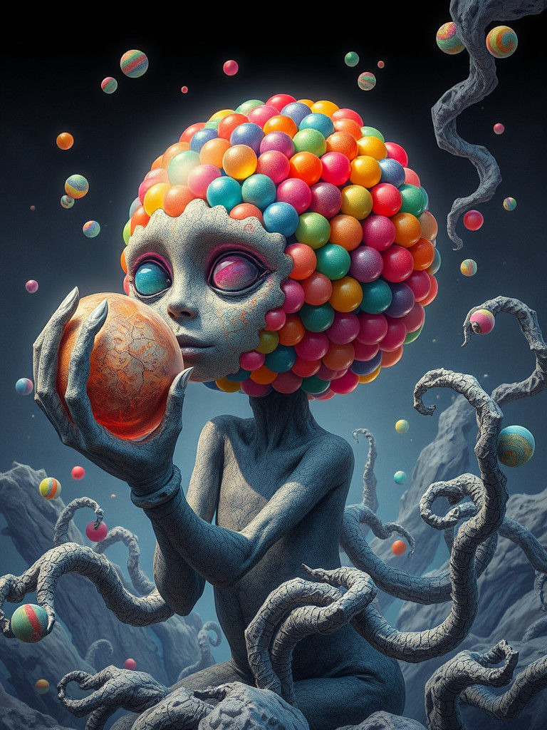 Surreal Gumball Being Grasping Stone Objects