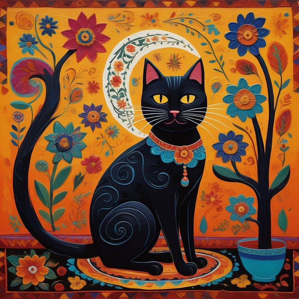 Surrealistic Cat in Vibrant Mexican Folk Art Setting