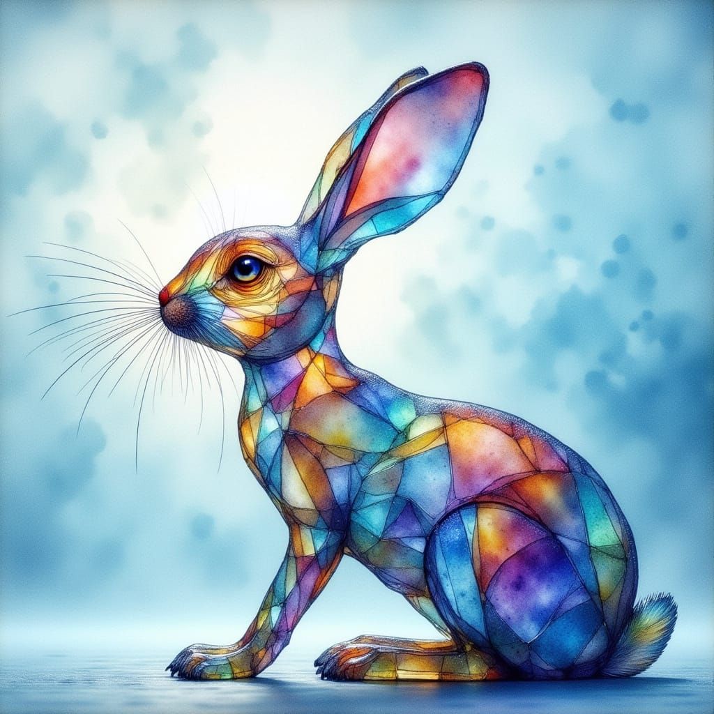 Stained Glass Rabbit Sculpture in Dreamy Art Nouveau Style