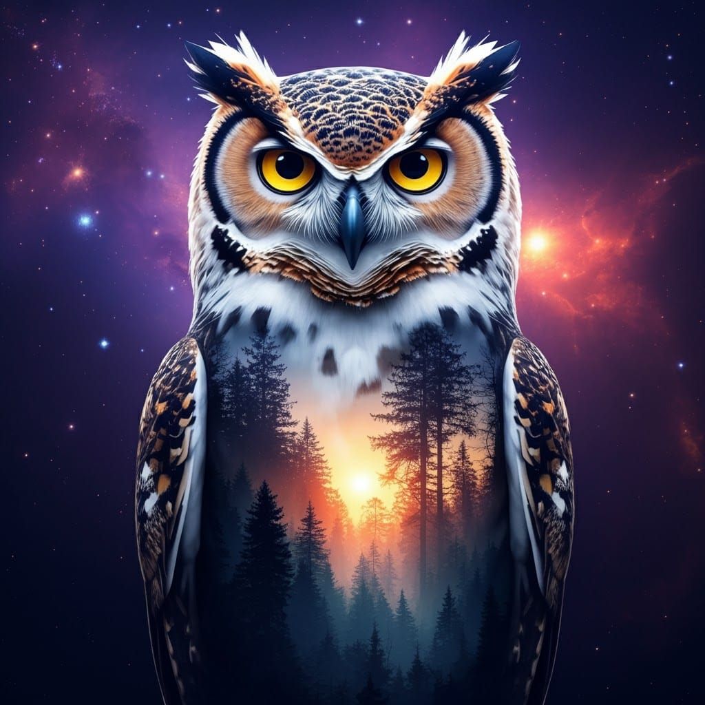 Cosmic Owl in Ethereal Forest Landscape