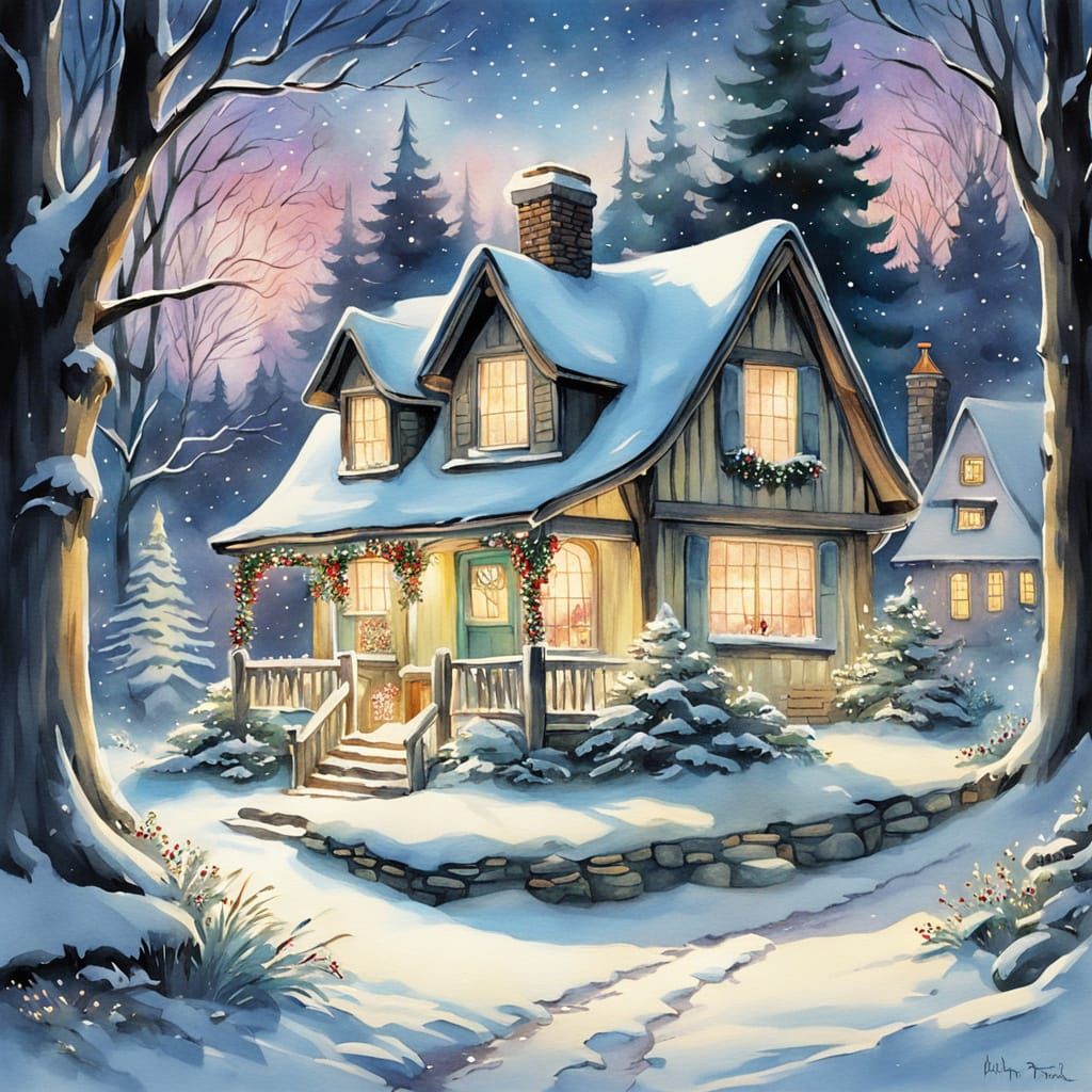 Whimsical Watercolor Christmas Cottage