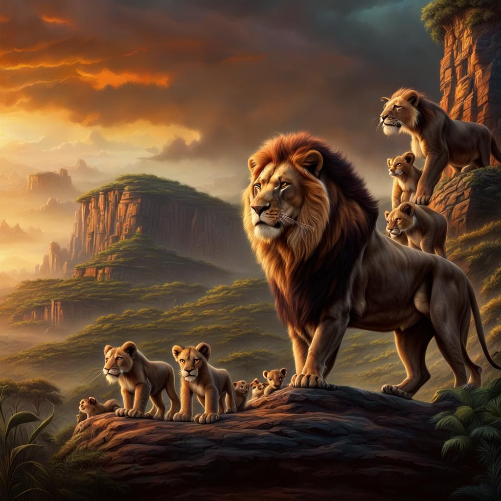 Majestic Lion King and Cubs: Epic Digital Painting