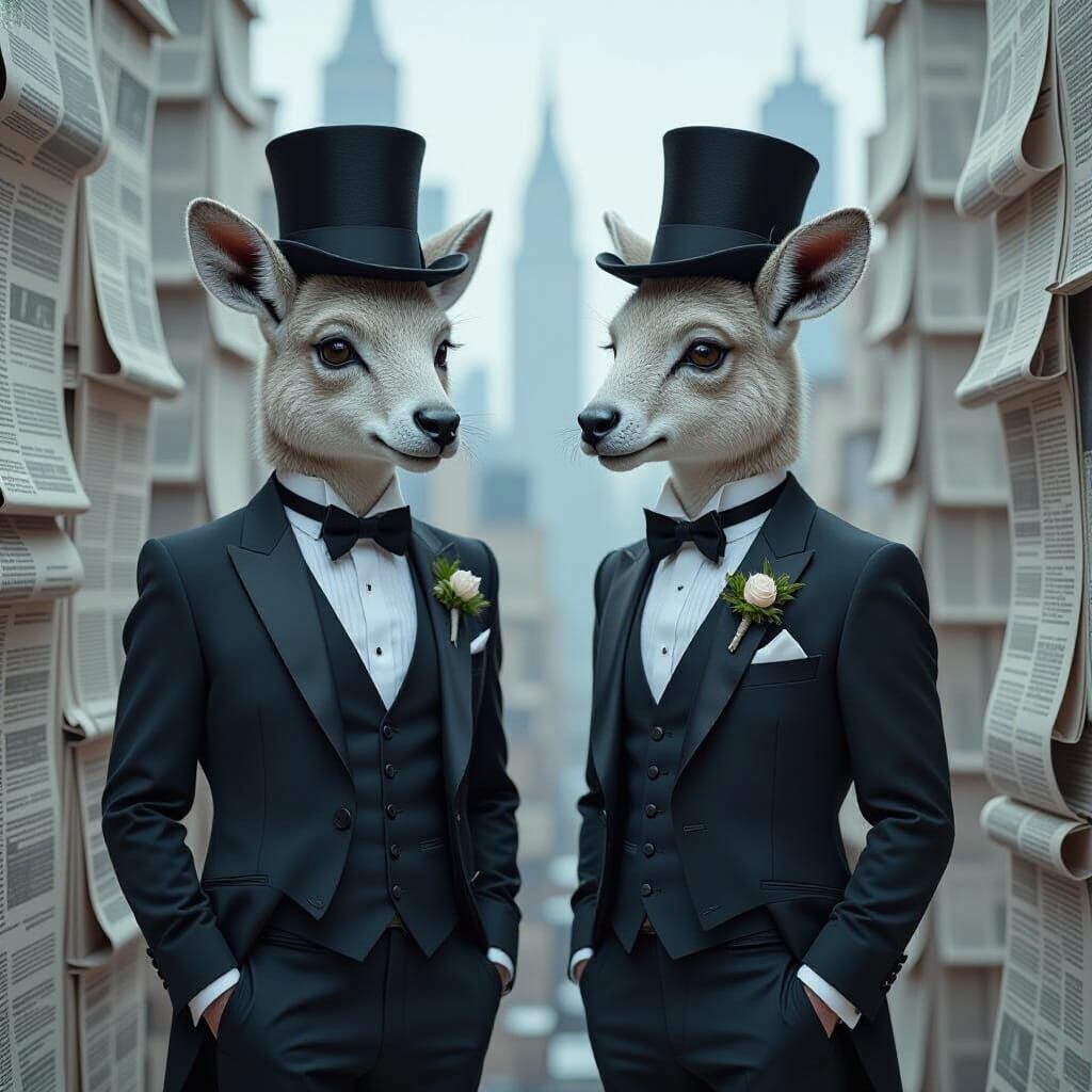 Surreal Tuxedoed Animals in Newspaper City