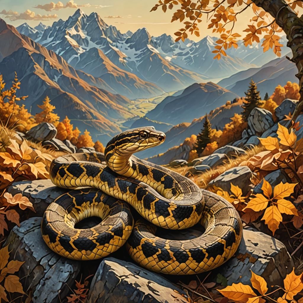 Vintage Painting of Piedmont Viper in Autumn Alps