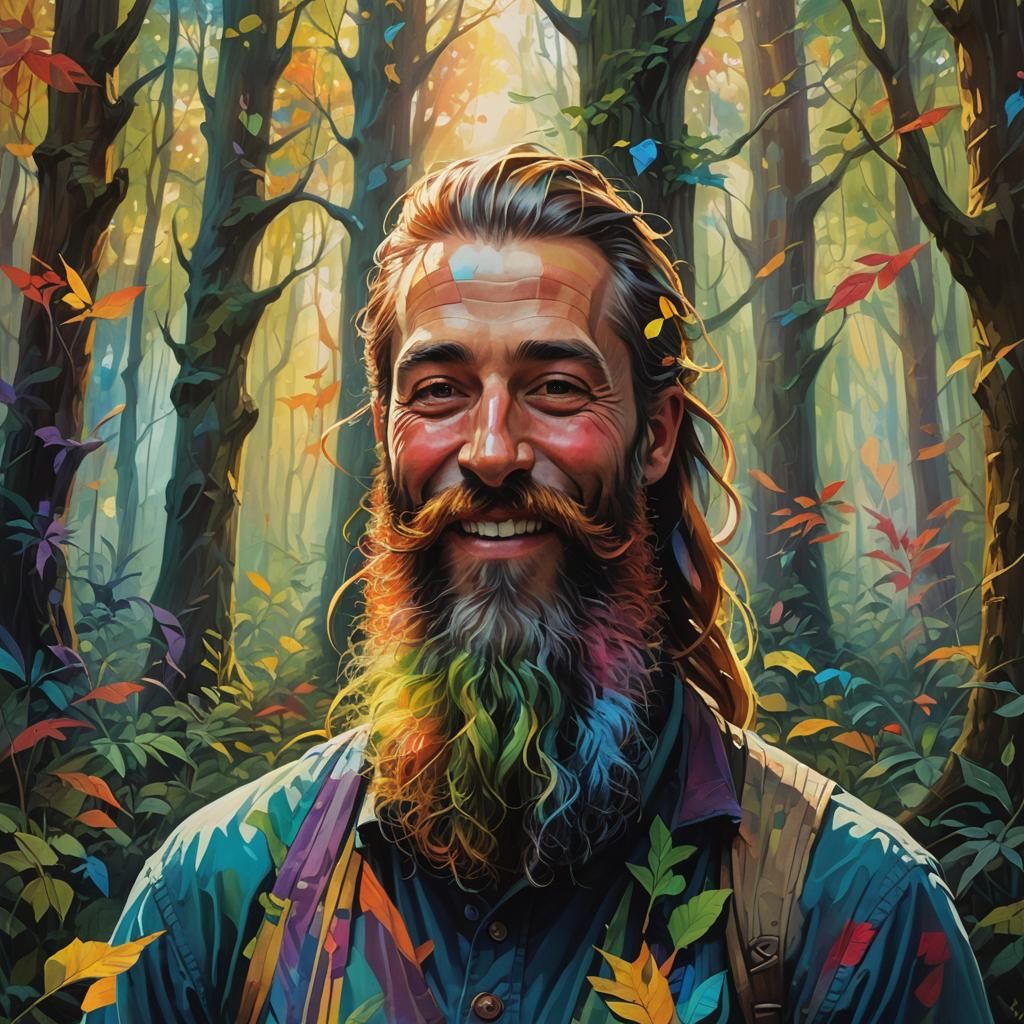 Rainbow Beard Man in Mystical Forest, Oil Painting