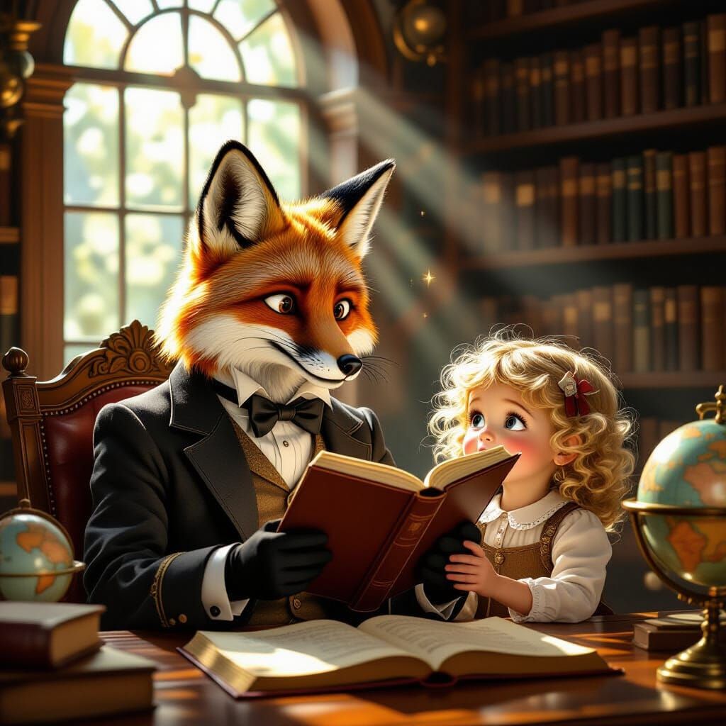 Fox Reads to Girl in Cozy Library