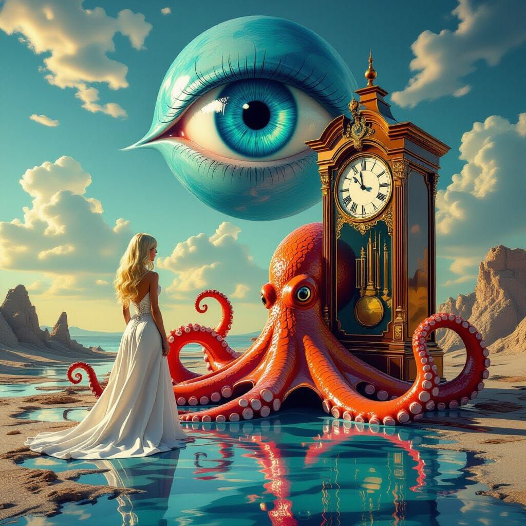Surreal Melting Clock with Fiery Octopus and Floating Eye