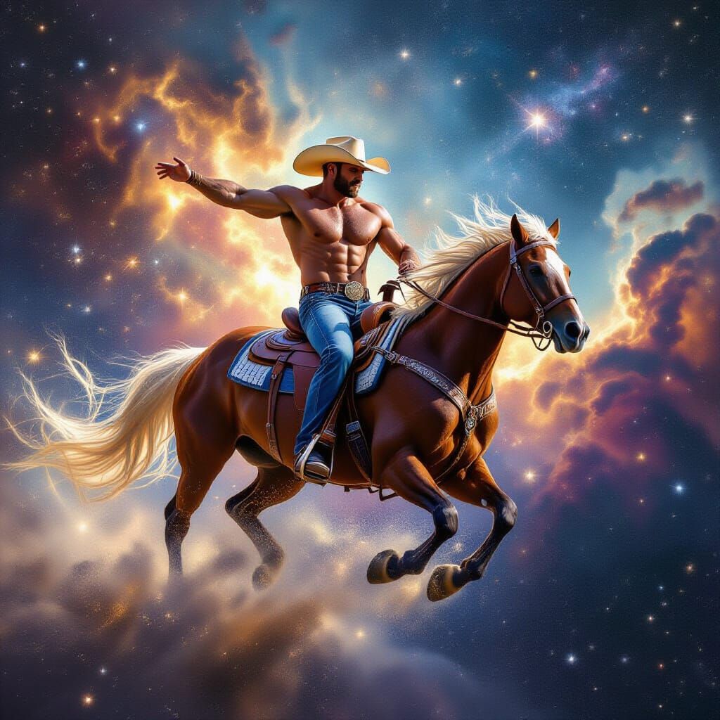 Cosmic Cowboy Rides Nebula Horse in Hyperrealism
