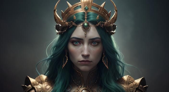 Queen Medb in Ornate Headdress, Cinematic Portrait