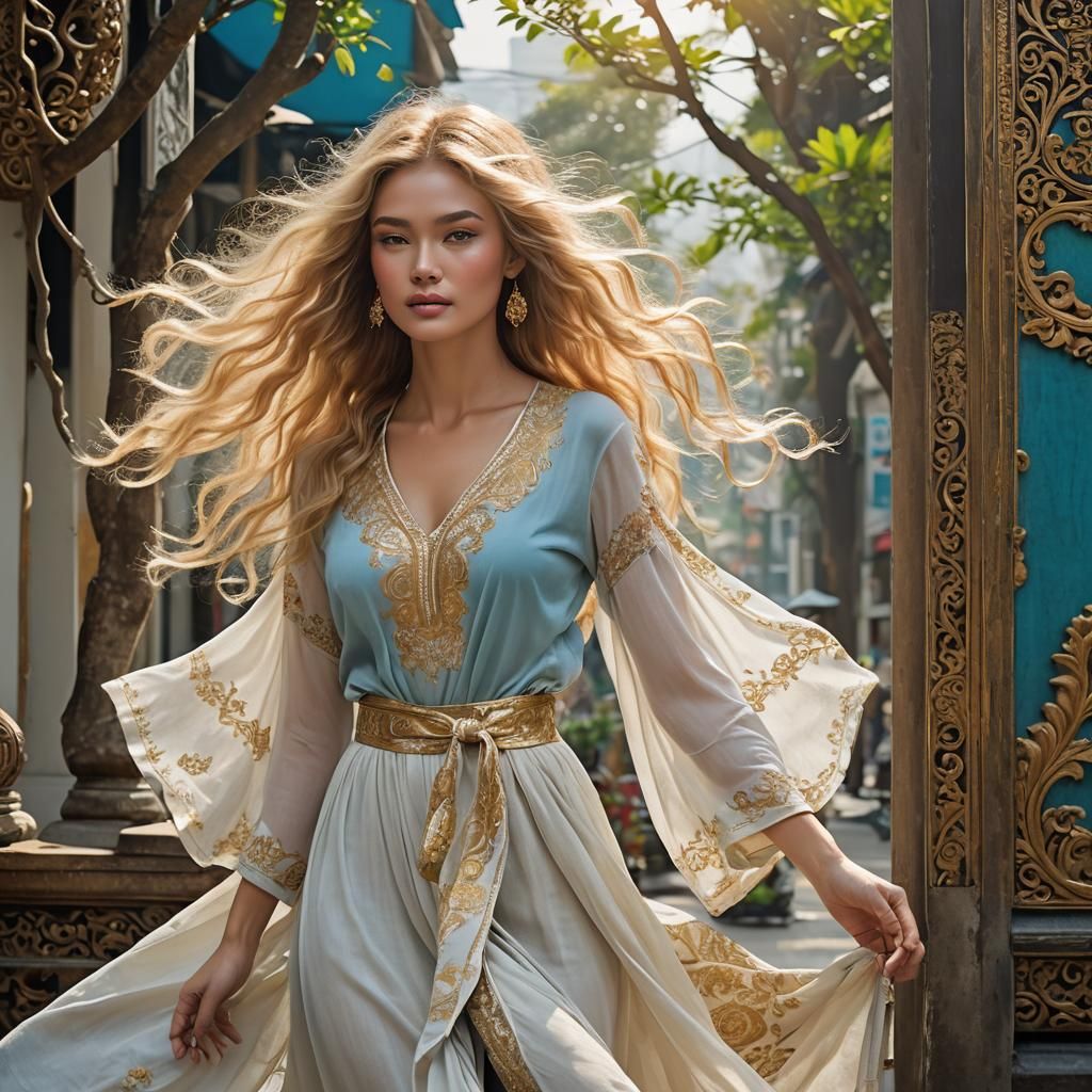 Golden Haired Woman in Bangkok, Art Nouveau Style