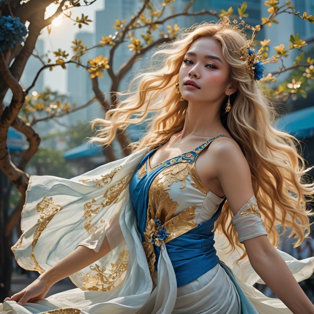 Sapphire-Eyed Woman in Bangkok, Art Nouveau Portrait