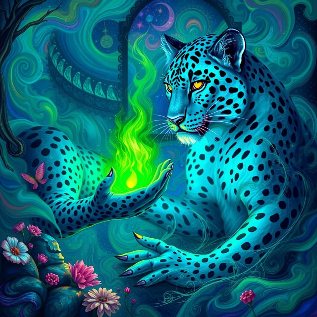 Blue Leopard King Offers Green Fire to Celestial Shaman
