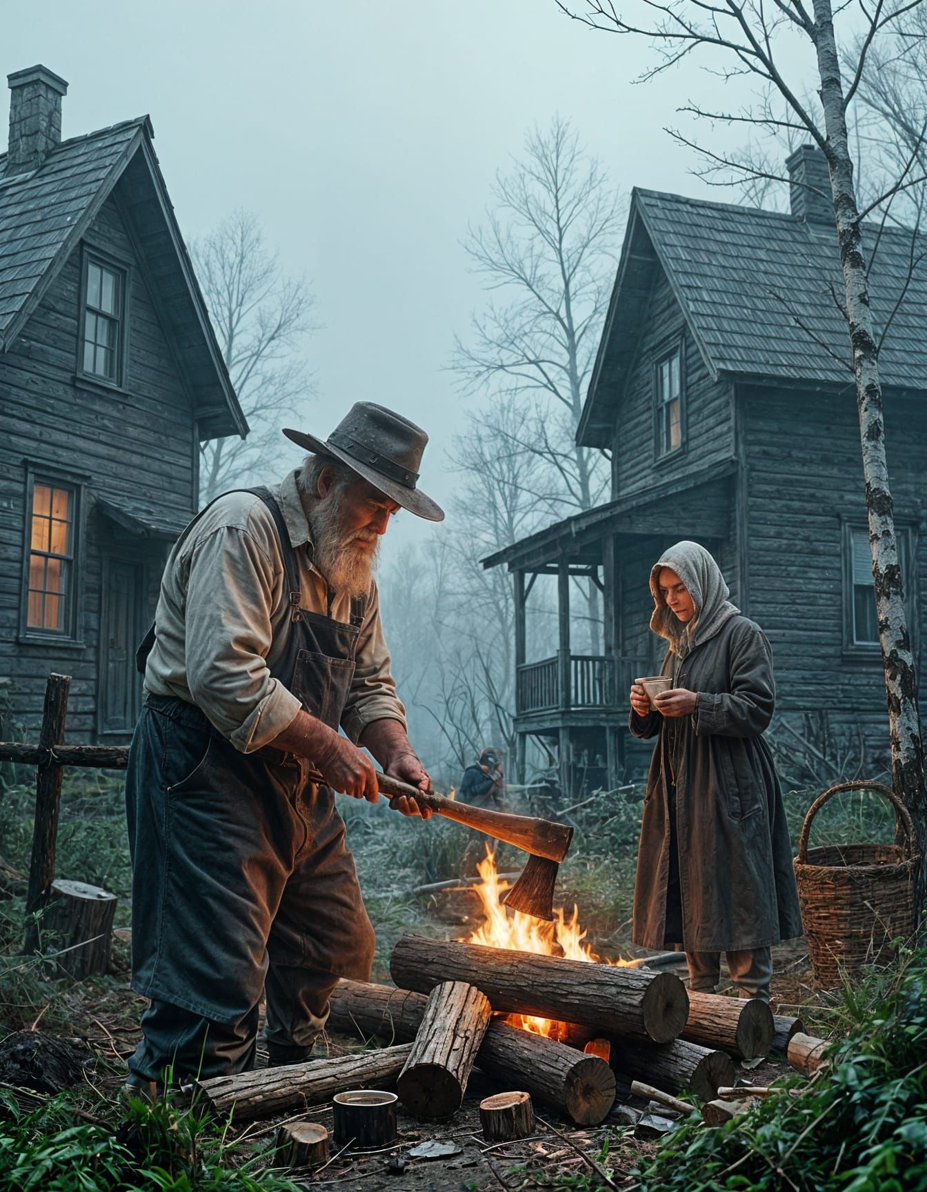 Nostalgic Forest Scene: Old Man Chopping Wood