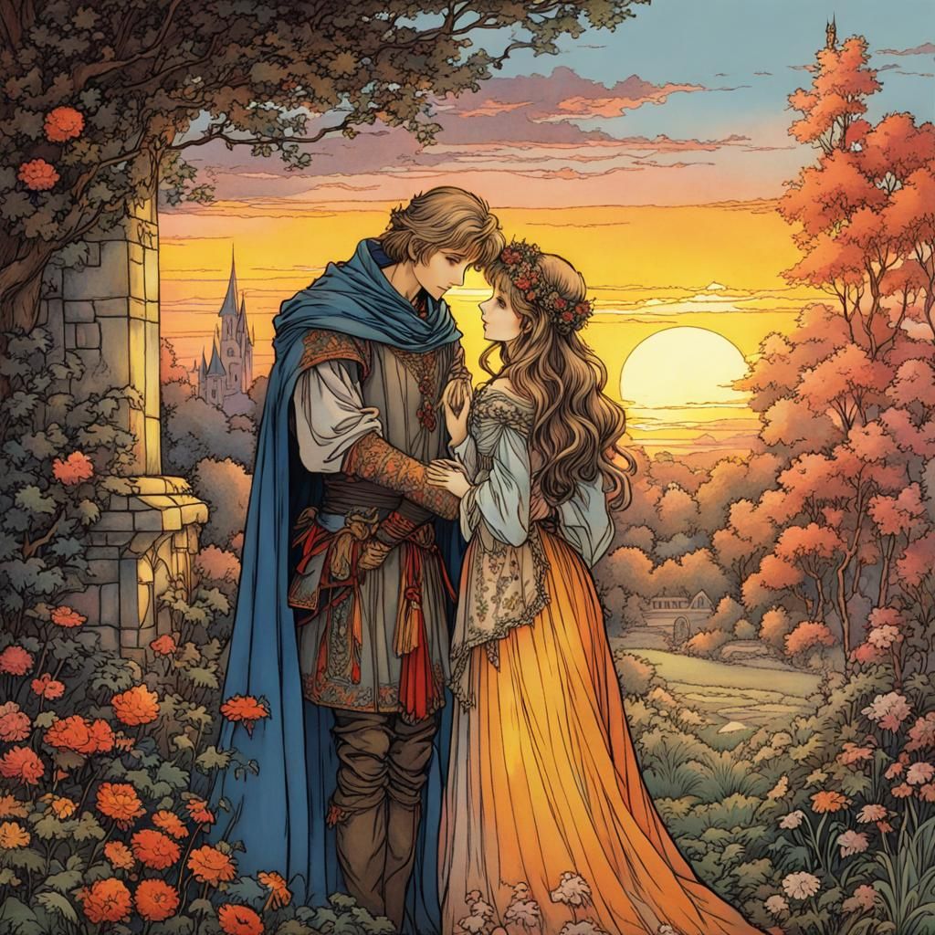 Medieval Lovers in Garden at Sunset, Anime Style