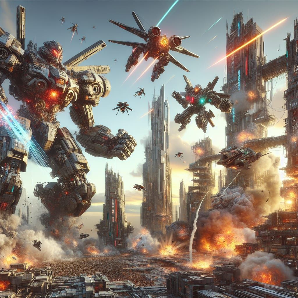 Futuristic Robot War in a Ruined Cityscape