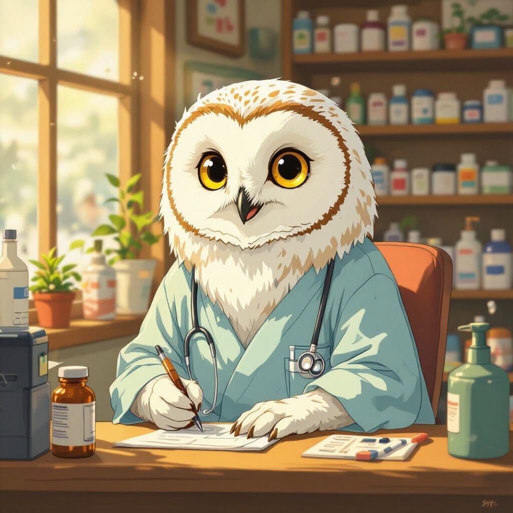 Happy Snowy Owl Doctor in 80s Anime Style