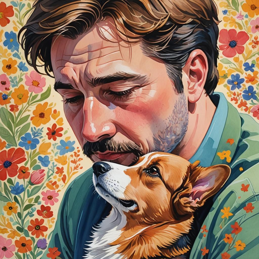 Man and Corgi: A Gouache Painting of Bonding