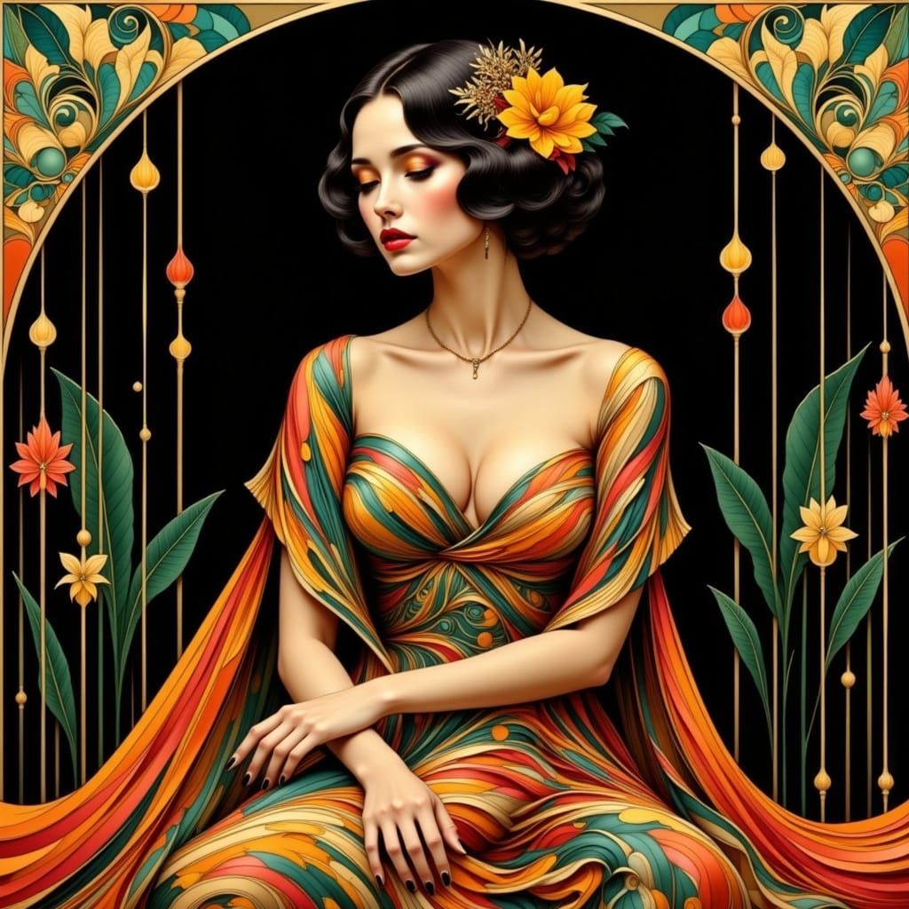 Vibrant Art Deco Woman in Charcoal Magic Flux