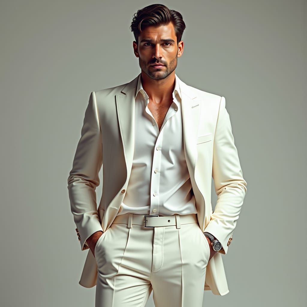 Dashing Man in White Suit with Wet Spot