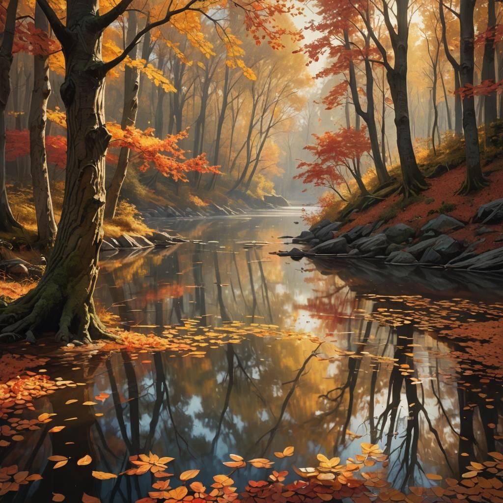 Autumn Forest Lake in Hyperrealistic Concept Art