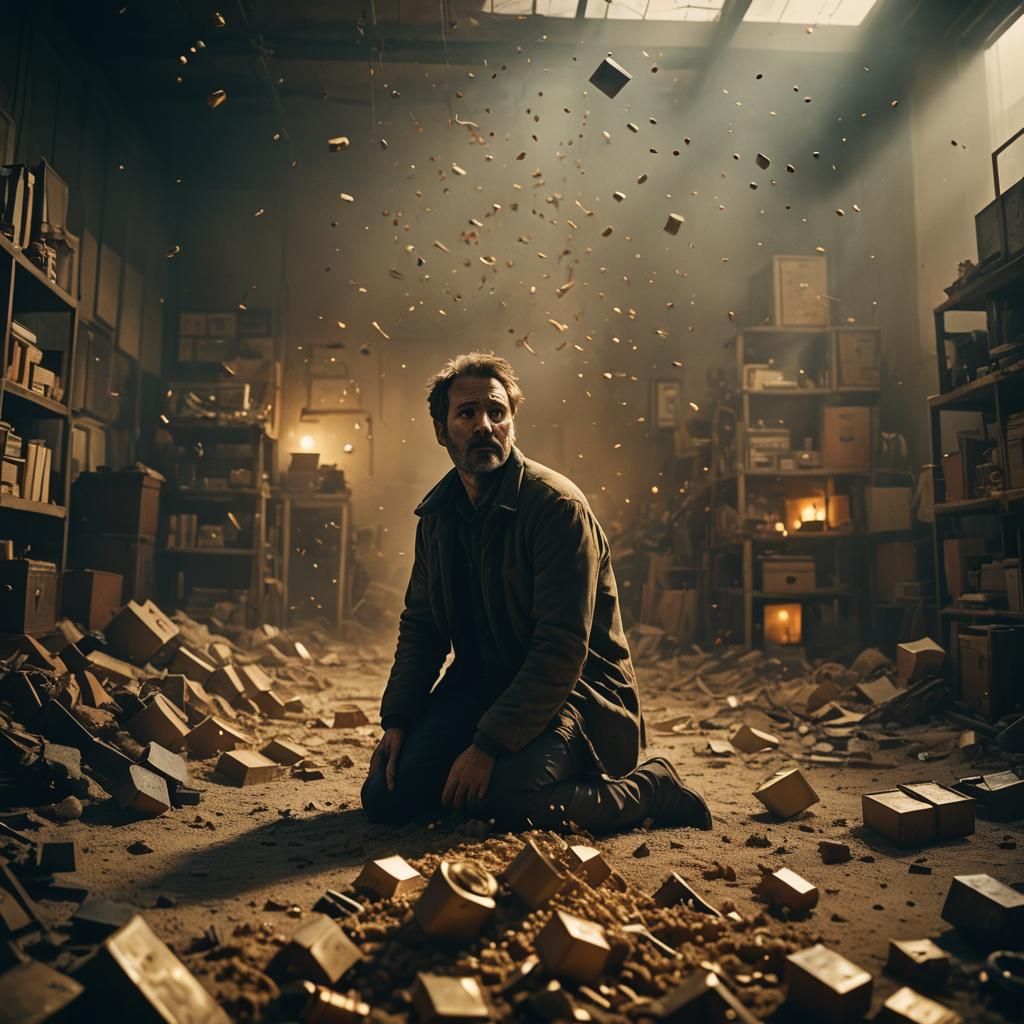 Man Trapped in Object World: Cinematic Film Still