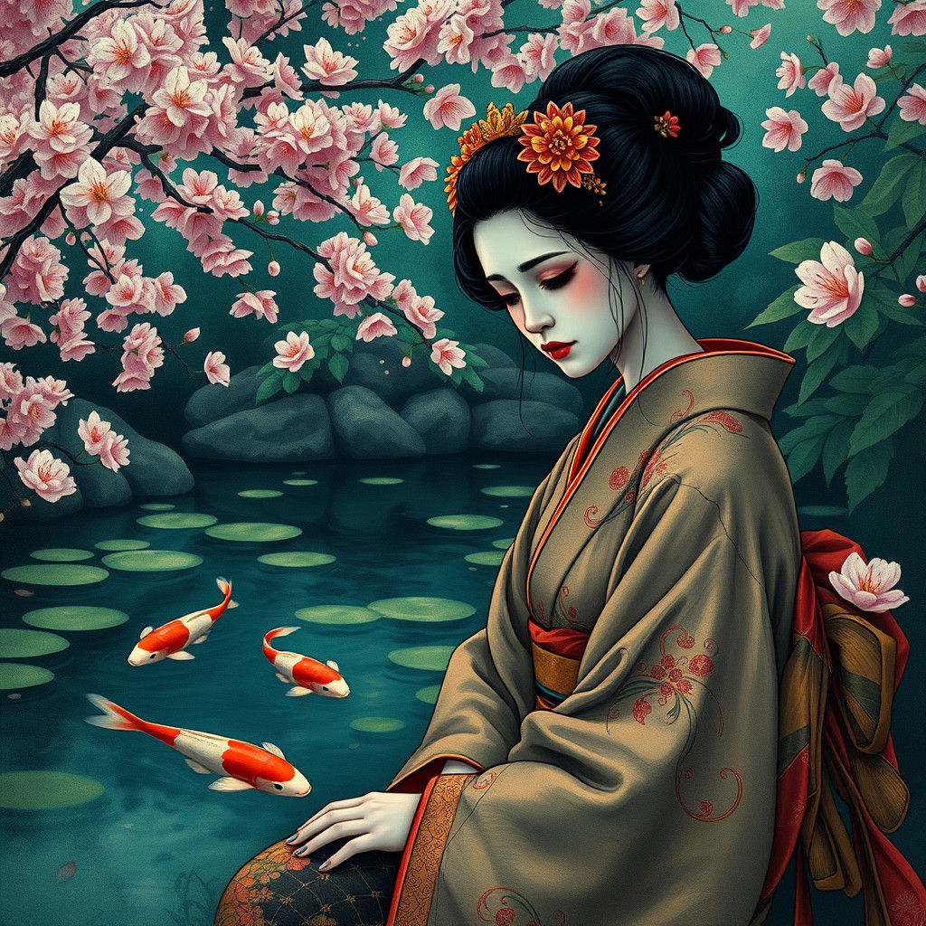 Melancholic Geisha Beside Koi Pond in Art Nouveau Style