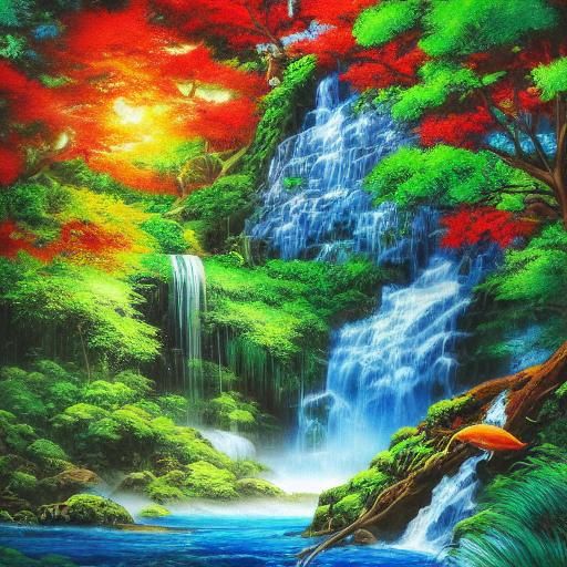Lush Forest Waterfall Scene in Anime Style