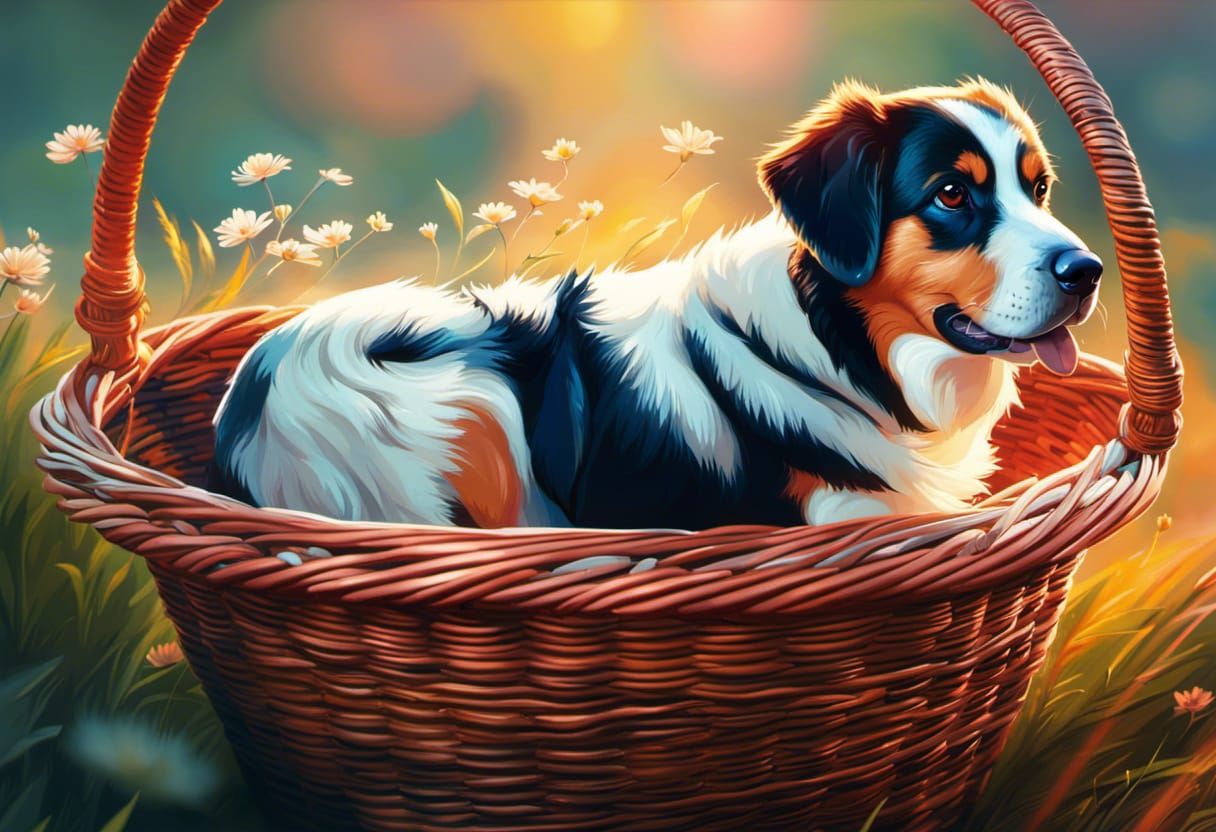 Cute Dog in Basket: Hyperdetailed Matte Painting