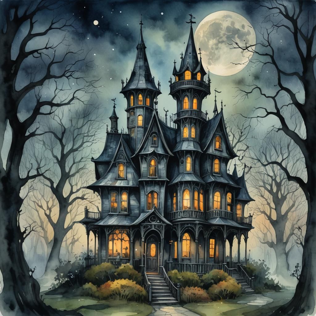 Whimsical Watercolor Haunted House with Gothic Elements