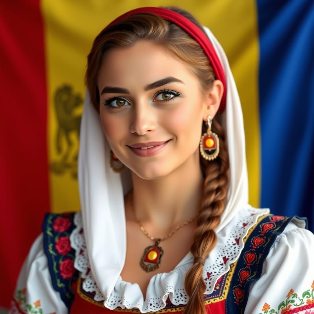 Romanian Woman in Traditional Dress with Flag