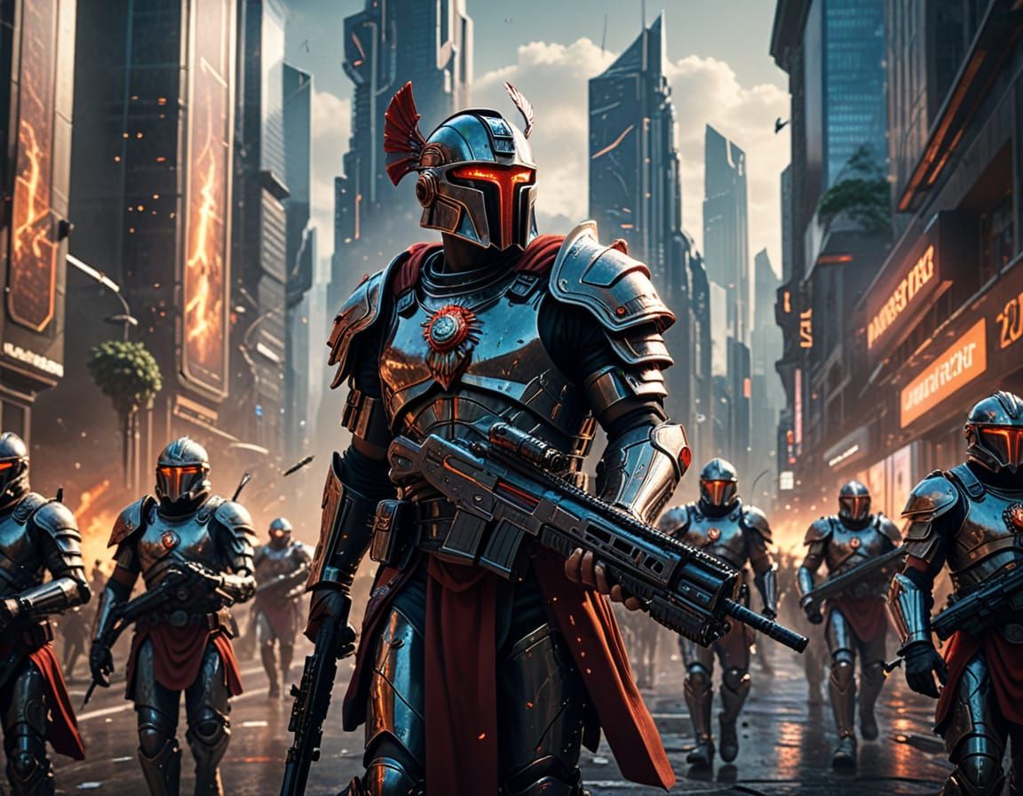 Roman Legion in Futuristic Cityscape: Digital Art