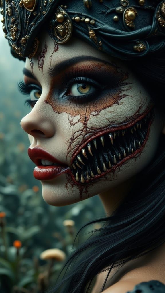 Monstrous Adriana Lima Close-Up in Dark Horror Style