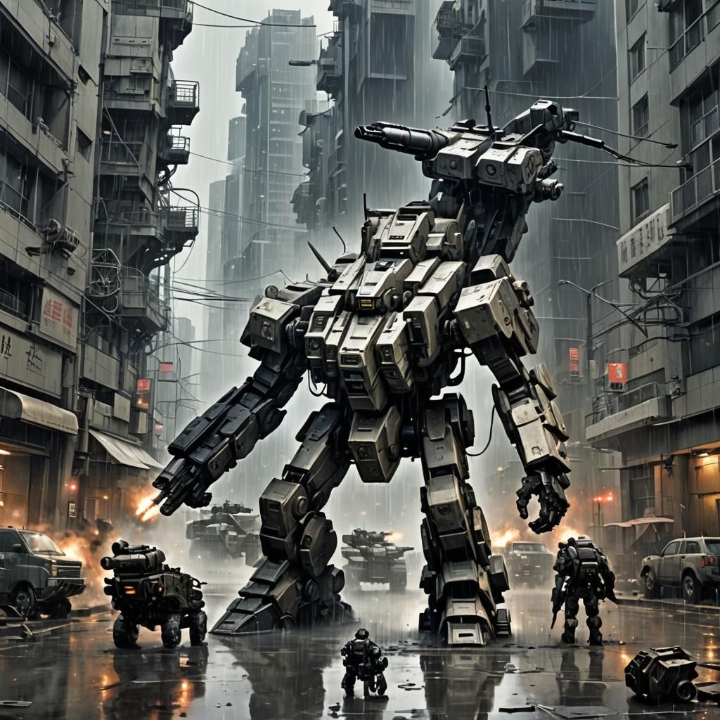 Heavily Armored Mech Advances Through Raining City