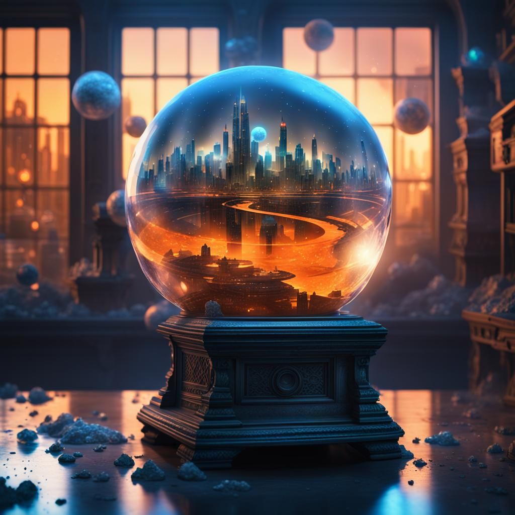 Futuristic World in Ancient Crystal Ball, Digital Art
