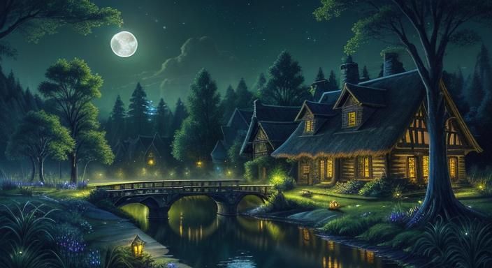 Enchanting Moonlit Village in Ancient Forest