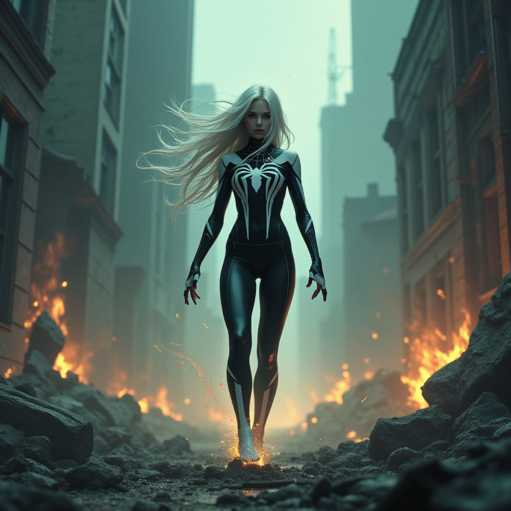 Spider-Gwen in Eerie Cityscape, Ghibli-Inspired