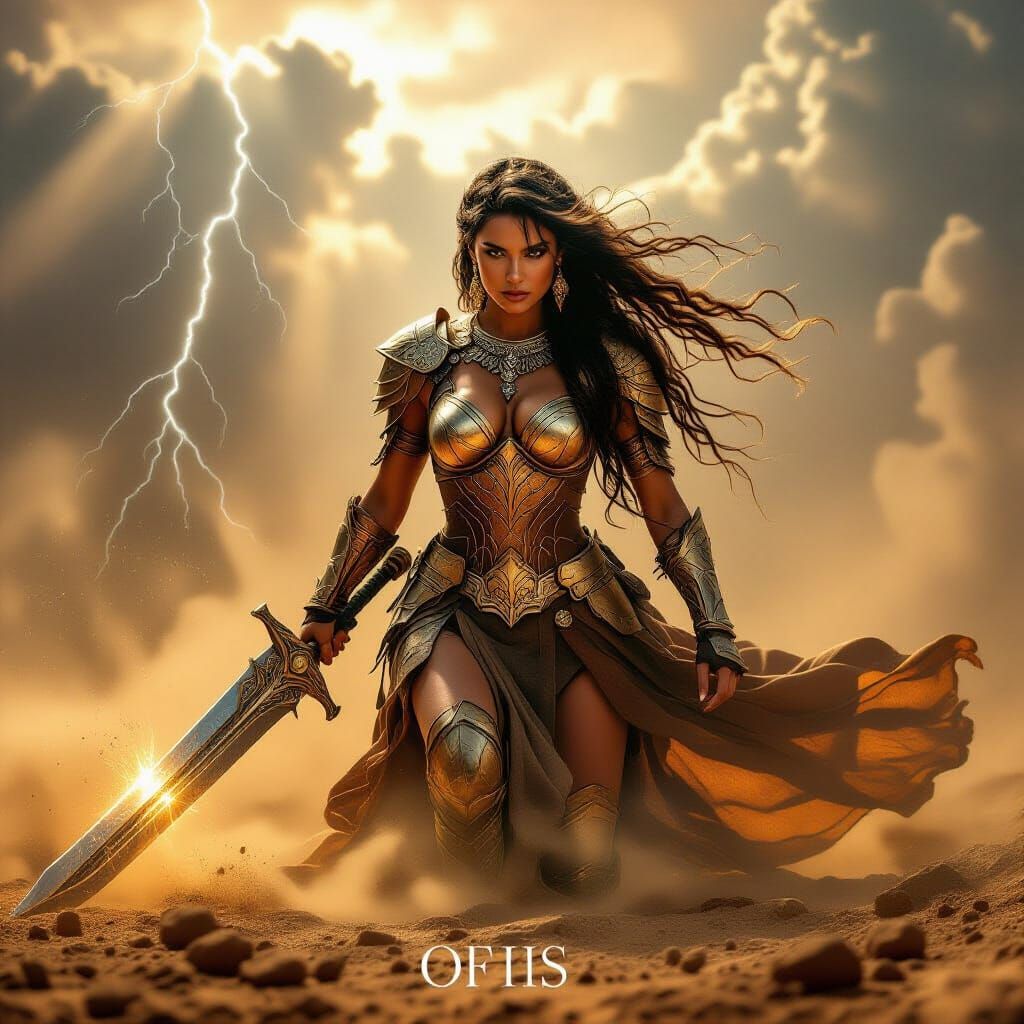 Warrior Woman in Dust Storm with Gleaming Sword