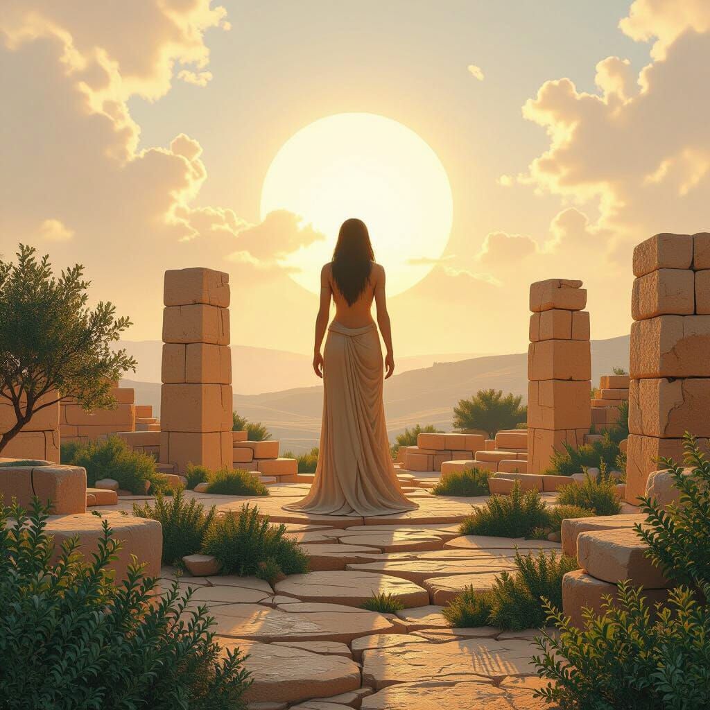 Gozo Temple and Giantess in Retro-Futuristic Style