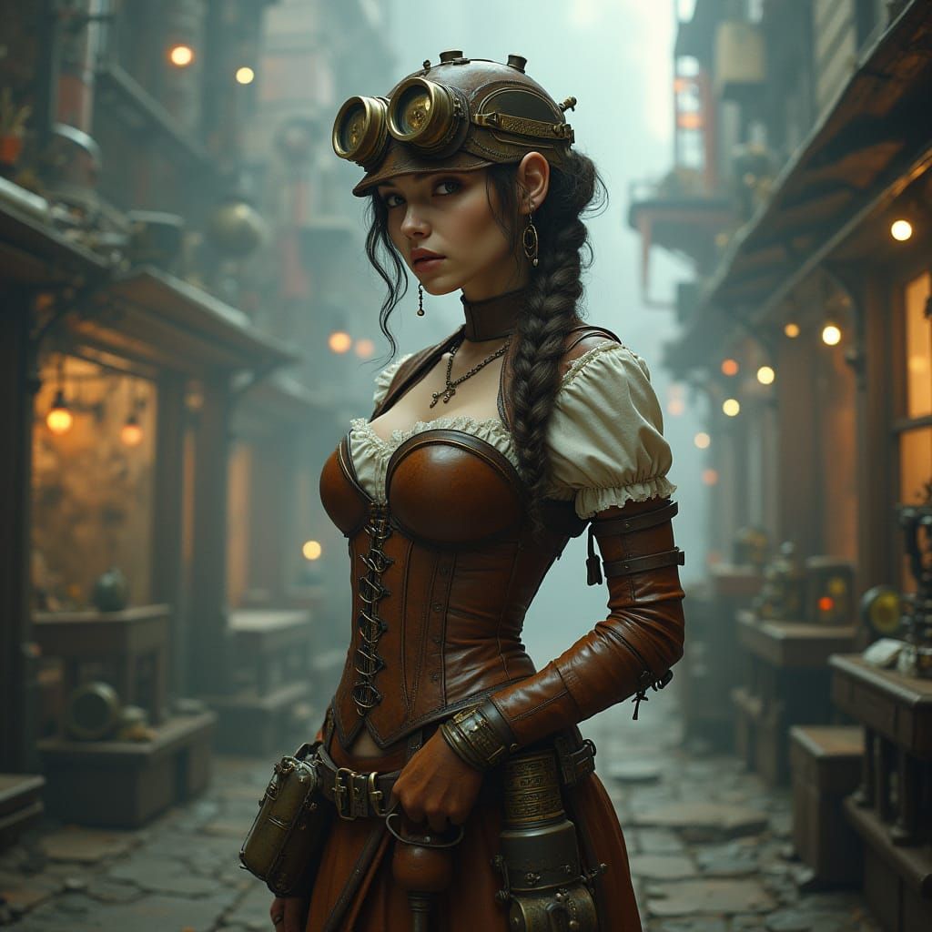 Steampunk Inventor in Victorian Cityscape, Industrial Futuri...