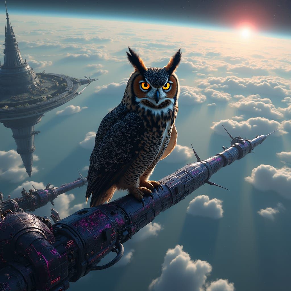 Owl on Alien Satellite Orbiting Distant Planet
