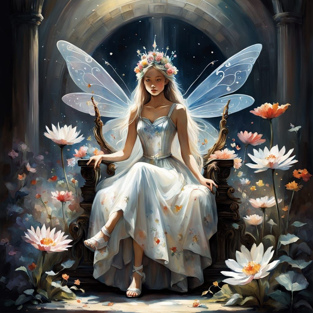 Fairy Queen on Flower Throne in Watercolour Style