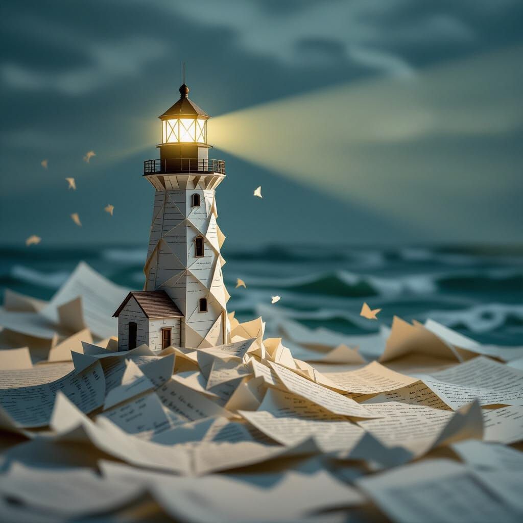 Paper Lighthouse Against a Manuscript Sea