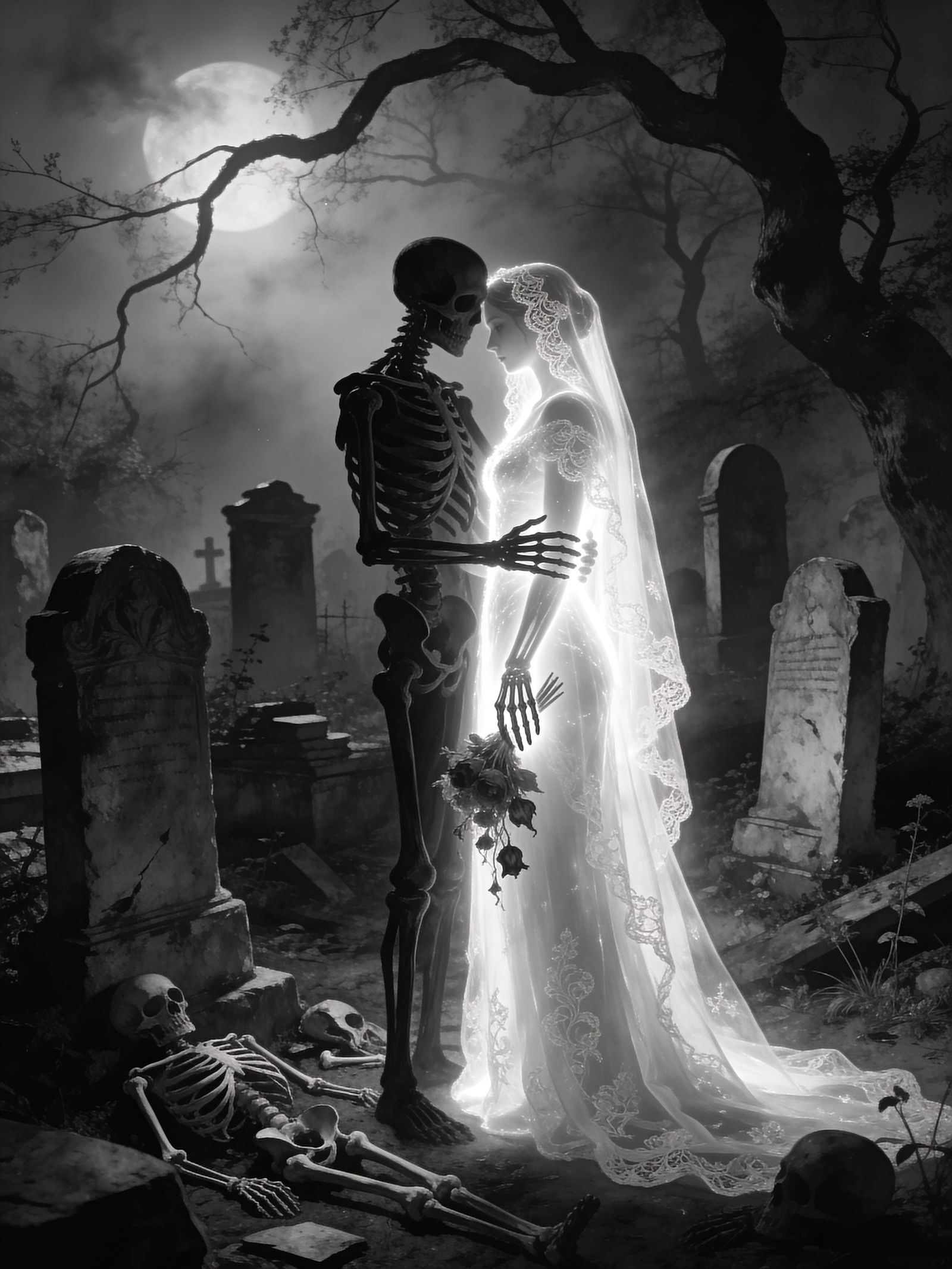 Gothic Grim Betrothal: Ethereal Bride and Skeleton