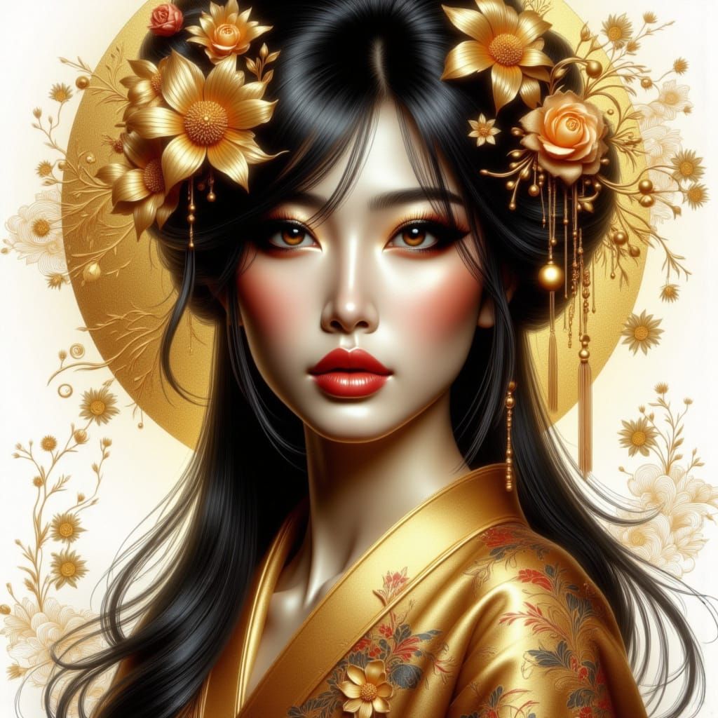 Geisha with Golden Kimono in Digital Art Style
