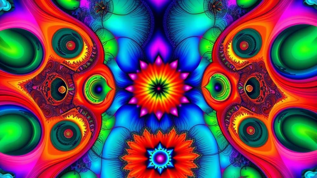 Vibrant Psychedelic Fractal with Escher-Inspired Geometry
