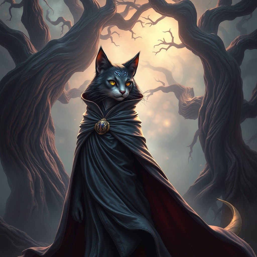 Mystical Feline Humanoid in Dreamlike Forest
