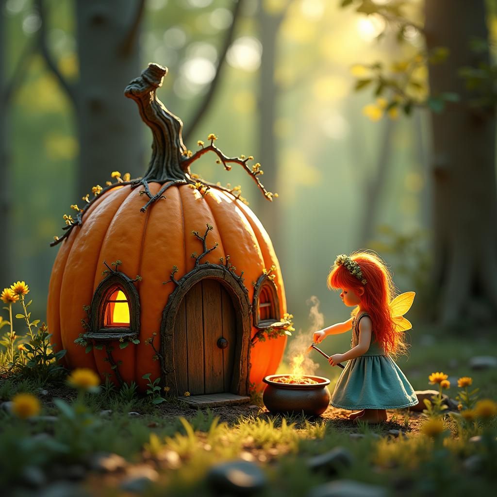 Pumpkin House in Forest: High Fantasy Oil Painting